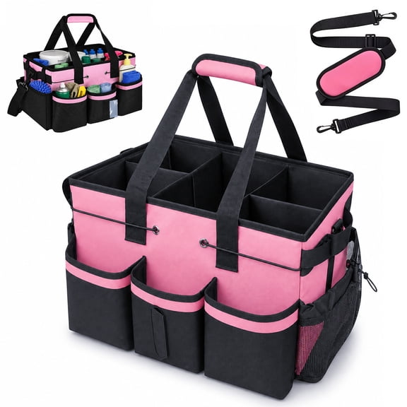 TSV Large Cleaning Caddy Bag, Wearable Cleaning Supplies Organizer with Handle & Shoulder Strap, Multi-Pocket Cleaning Tool Storage Tote for Cleaners, Housekeeper, Car, Pink