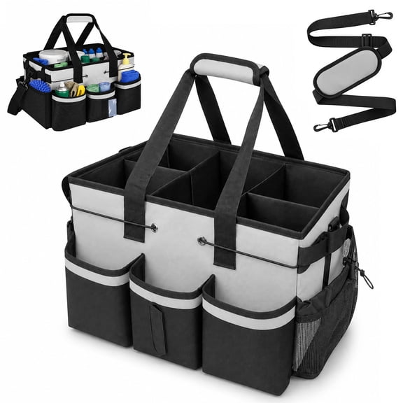 TSV Large Cleaning Caddy Bag, Wearable Cleaning Supplies Organizer with Handle & Shoulder Strap, Multi-Pocket Cleaning Tool Storage Tote for Cleaners, Housekeeper, Car, Gray