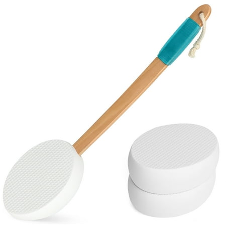 TSV Lotion Applicator with 3 Soft Pads, 18" Long Handle Bath Brush for Body Washing, Blue