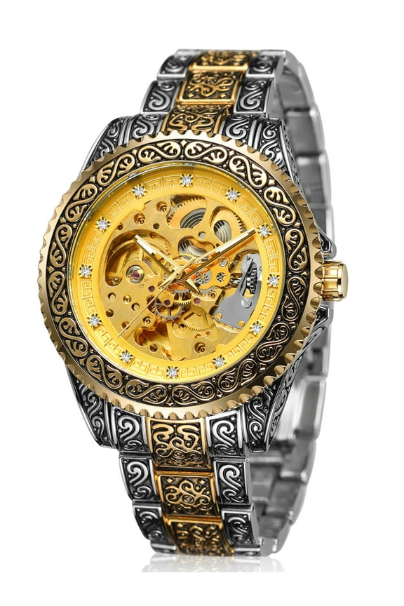 Luxury Men's Stainless Steel Automatic Mechanical Wrist Watch Gold Tone Skeleton