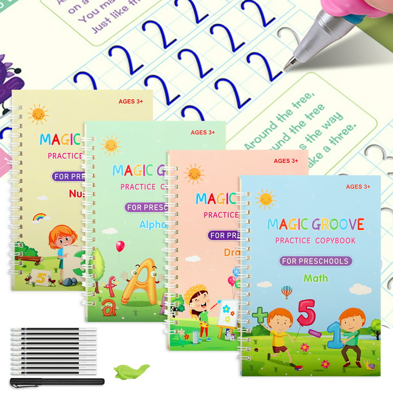 130mm*190mm 4 books French+1pen reusable 3D Groove 3-6 years old Children  Book Learning Calligraphy Copybook Letter Numbers Math Drawing Writing  Exercise Books Notebooks Handwriting Textbook Learning Math Book Writing  For Kids Toys