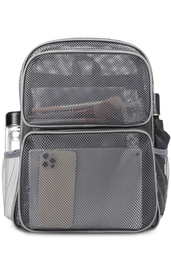 Mesh Backpack with Pockets, See Through Daypack with Padded Straps for Adults, Grey