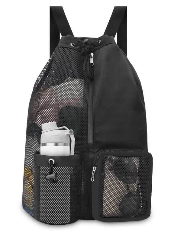 Mesh Drawstring Backpack, Quick Drying Mesh Swim Equipment Beach Bag, Black