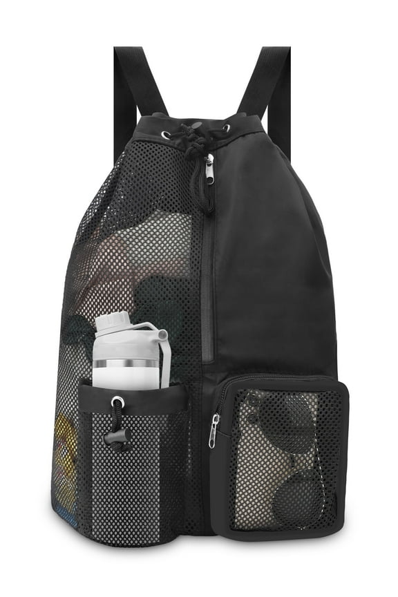 Mesh Drawstring Backpack, Quick Drying Mesh Swim Equipment Beach Bag, Black