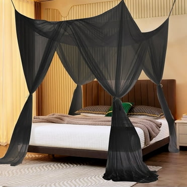 TSV Mesh Mosquito Net, Full Queen King Size Bed Canopy, Four Opening Bed Curtains, Black