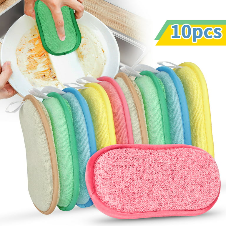 TSV Microfiber Kitchen Scrub Sponges, Dual Side Reusable Scouring Pads -  Random Colors, 10Pcs