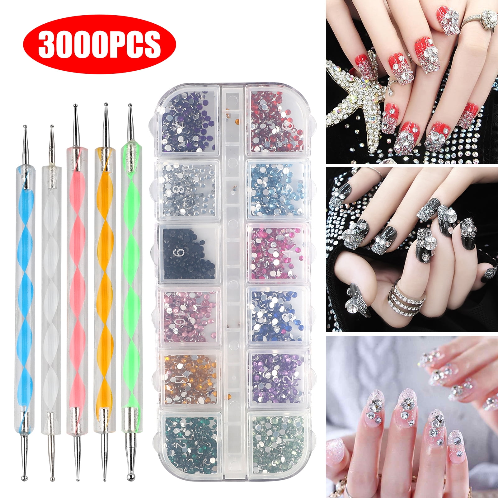 120 Pieces Multi Shapes Gold Gems Crystals and 3000 Pieces Gold Nail Art Rhinestones Round Flat Back Gems Diamond Stone with Rhinestone Picker Dotting