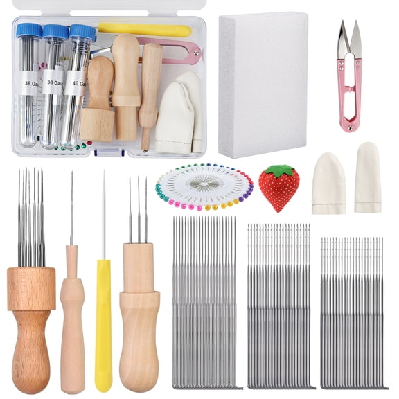 TSV Needle Felting Tools Kit, Complete Wool Felting Supplies with 60 Needles, Wooden Handles, Foam Pad and Storage Box for Beginners, DIY Felt Craft Tools