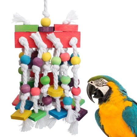 TSV Parrot Toys, Colorful Wooden Blocks Cotton Rope Chewing Toy for Macaws, Cockatoos