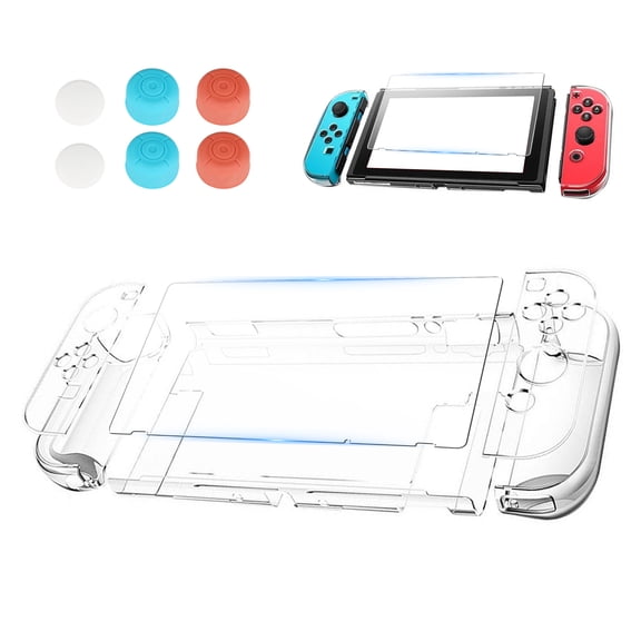 TSV Protective Cover Case Fit for Nintendo Switch, Dockable Clear Case with HD Tempered Glass Screen Protector, 6 Thumb Caps