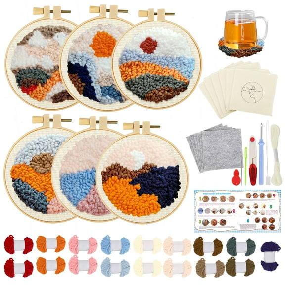 TSV Punch NeedleKits for Beginners, 6 Patterns Coaster DIY Craft Embroidery Kit