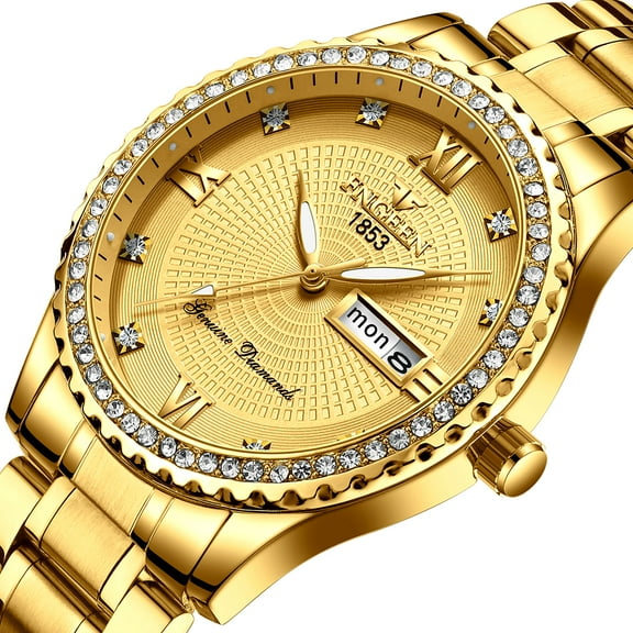 TSV Quartz Watch for Men, Diamond Dress Business Waterproof Wrist Watch with Analog, Fashion Accessory Gift Selection, Gold