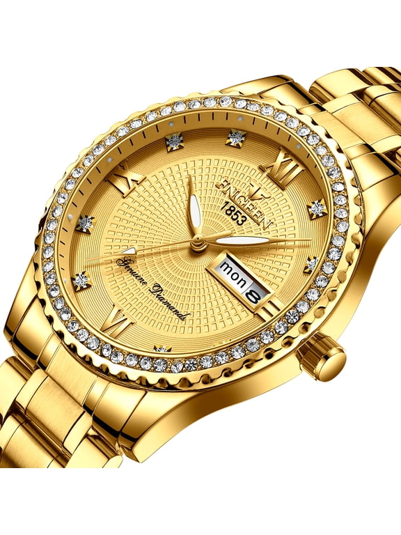 Quartz Watch for Men, Diamond Dress Business Waterproof Wrist Watch with Analog, Valentines Gifts, Fashion Accessory Gift Selection, Gold