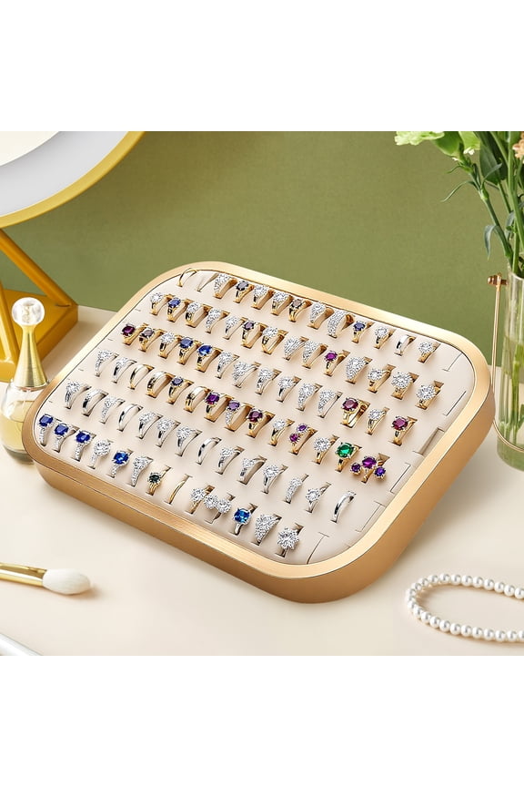Ring Holder, Elegant Jewelry Display Tray, Ring Storage Organizer, Modern Jewelry Ring Box with Metal Frame & Faux Leather Lining, Gold
