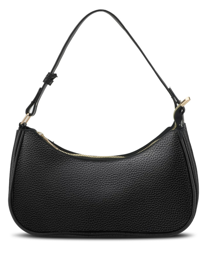 TSV Small Leather Shoulder Bag, Black Handbag with Zipper Closure