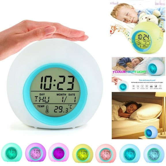 TSV Sleep Training Alarm Clock, Battery Operated Teenager's Alarm Bedside Clock, 7 Color Changing LED Night Light, 7 Ringing Tones & Touch Control, Time Date Temperature Calendar for Bedroom