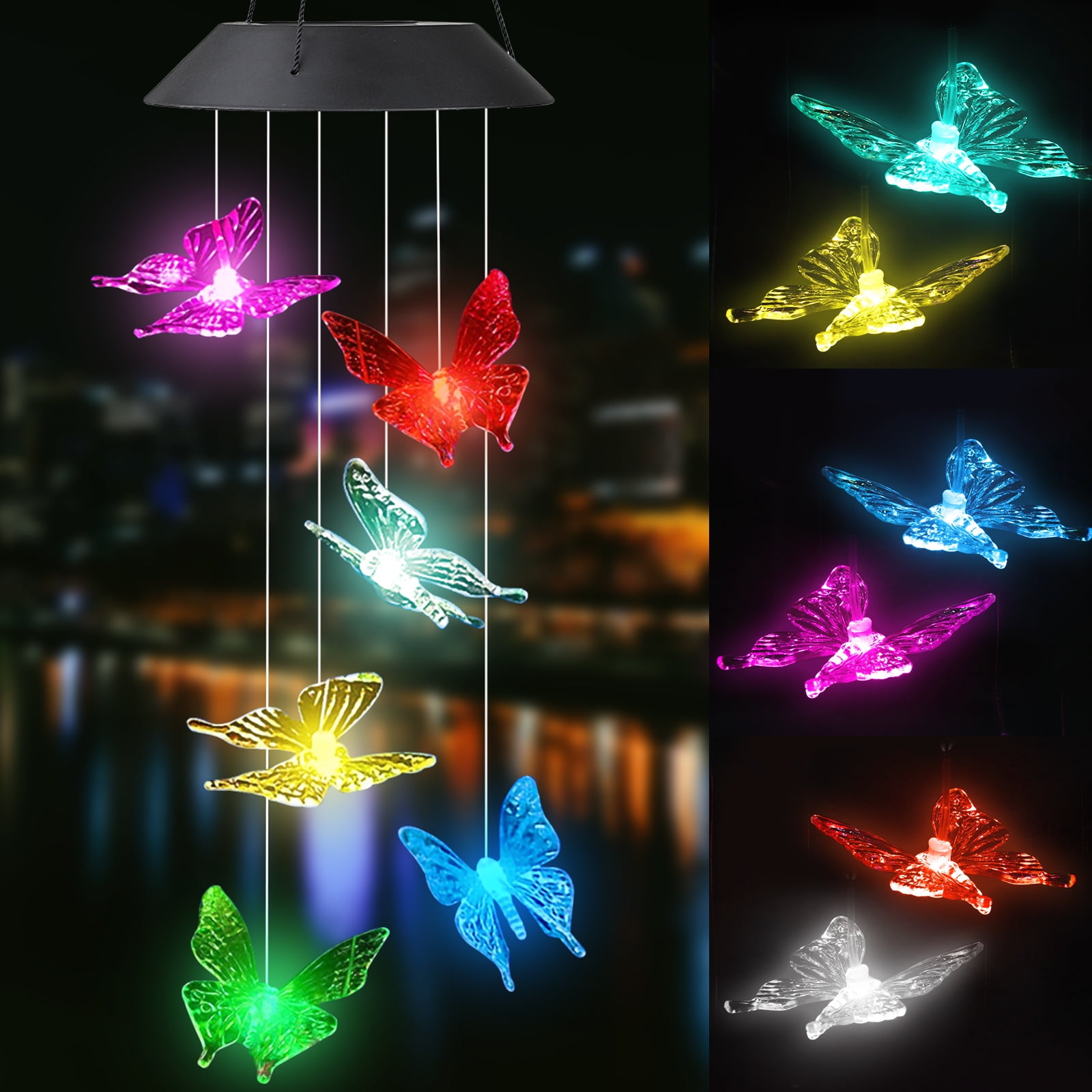 TSV Solar Powered Butterfly Wind Chimes, Waterproof LED Color