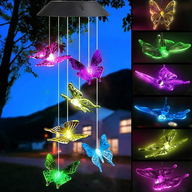 TSV Solar Powered Wind Chimes, LED Color Changing Butterfly Wind Bell