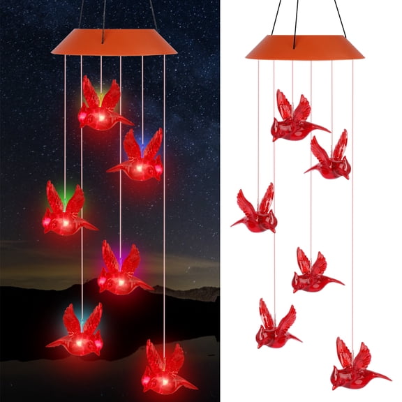 TSV Solar Powered Wind Chimes Light, Cardinal Red Bird Wind Belles Lights Outdoor LED IP66 Waterproof for Yard Garden Decoration