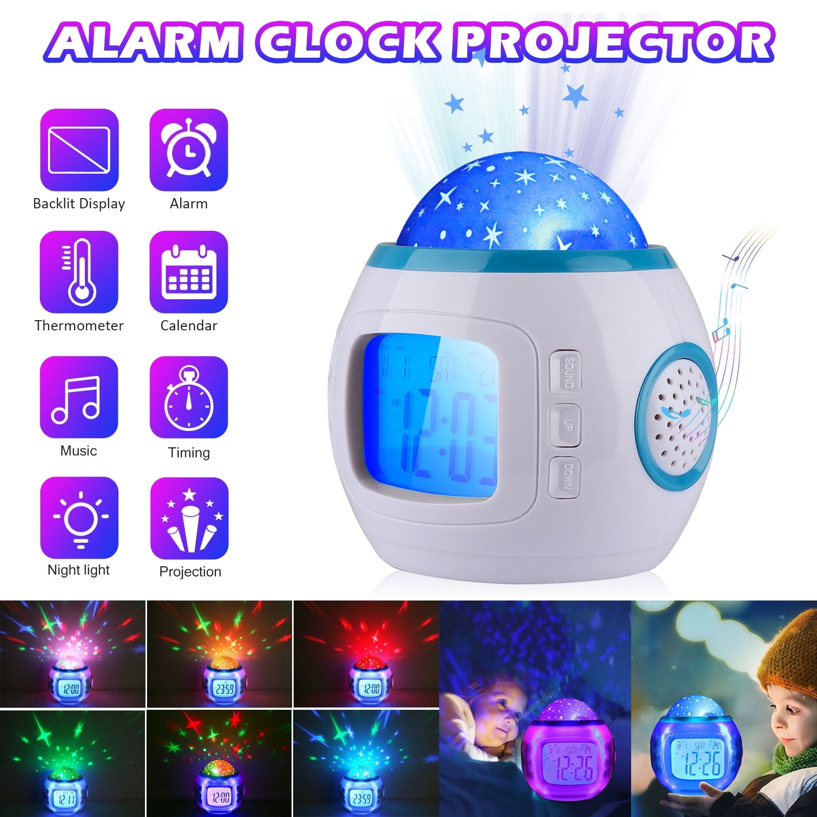 TSV Starry Sky Projector Alarm Clock, Night Light Music Clock with Backlight Gift for Boy Girl