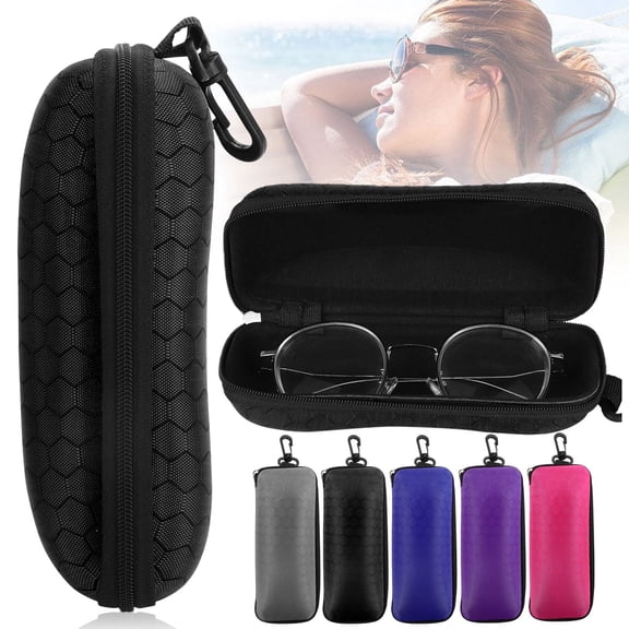 TSV Sunglasses Case, Portable Zipper Glasses Box, Hard EVA Eyeglass Protector with Hook, Black