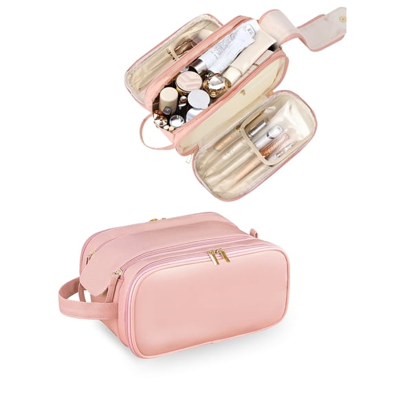 TSV Travel Toiletry Bag, PU Leather Triple-layer Double Zipper Makeup Organizer with Handle, Black/Pink