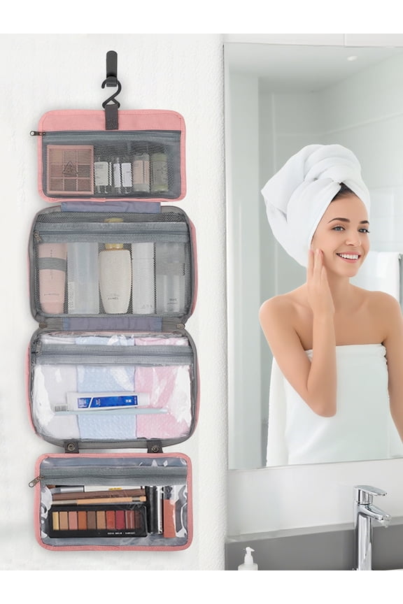 Travel Toiletry Bag for Women, Foldable 4-in-1 Portable Cosmetic Bag for Toiletries Makeup, Pink