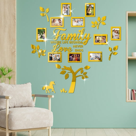 TSV Tree Picture Frame Display Set, Black/Gold 10 Picture Frame Wall Stickers with Tree Decor