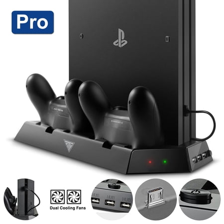 TSV Vertical Stand for PS4 Pro With Cooling Fan, Vertical Cooling Dock Controller Charging Station Fit for Sony PlayStation 4 Pro Console & Dual Controllers With Charging Ports, 3 USB Hubs