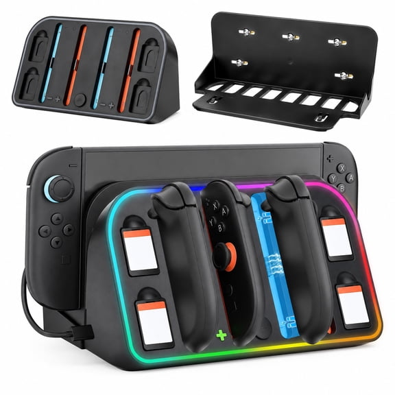 TSV Wall Mount Charging Dock Station Fit for Nintendo Switch 2, RGB Console Holder with 4 Controller Ports and 4 Game Card Slots, Black