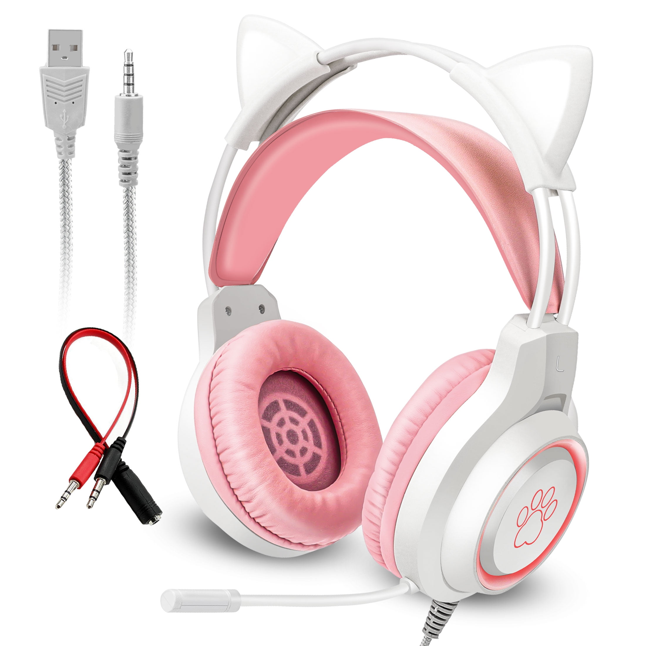 TSV Wired Cat Ear Gaming Headset Over Ear Noise Cancelling Mic RGB Light for PC PS4 Xbox Switch Mac Walmart