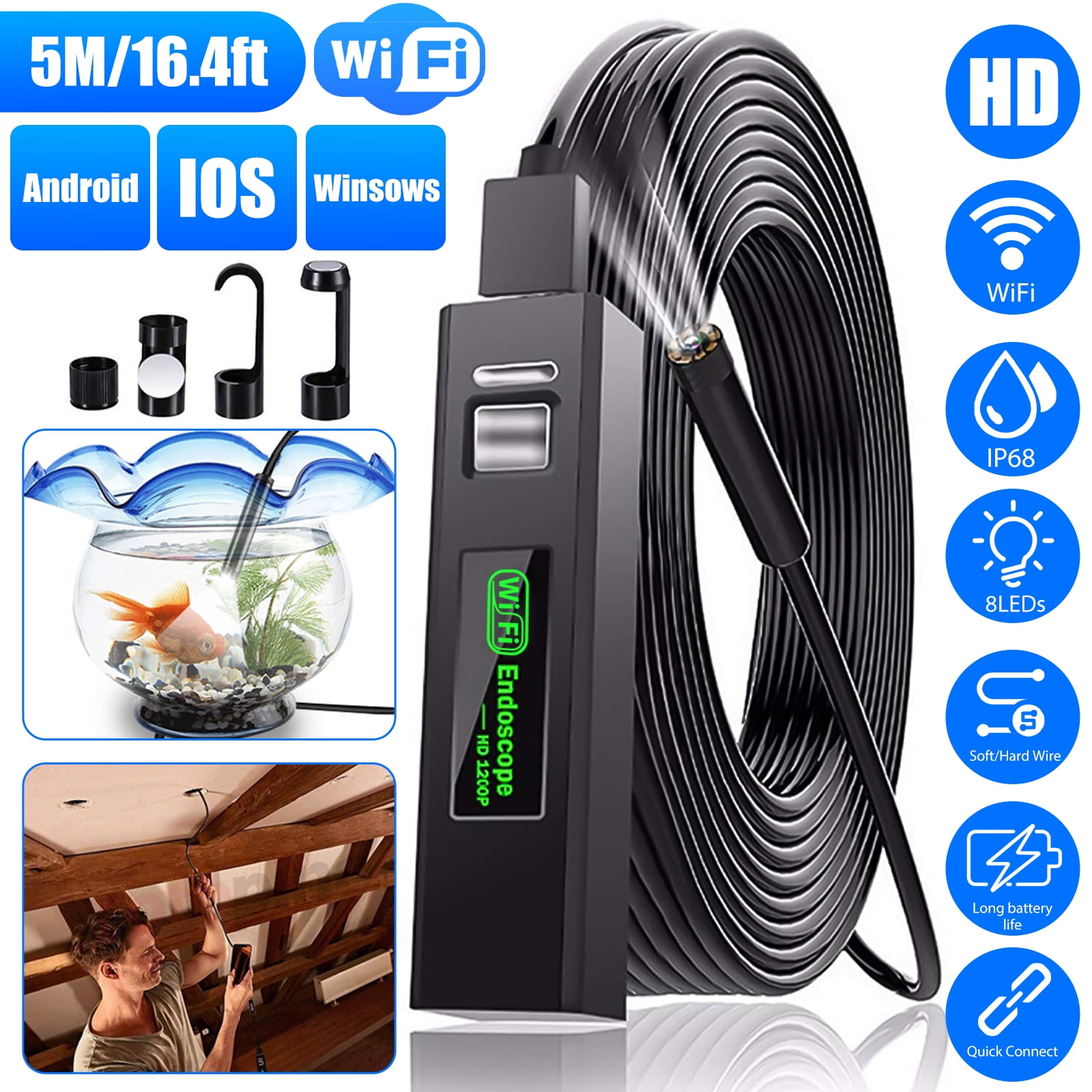 Wireless USB Inspection Camera, Waterproof Endoscope Inspection Camera with  6 LED Lights, 3 in 1 HD Endoscope Camera, Suitable for PC, Laptop