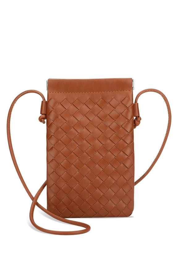 Woven Small Crossbody Bag, PU Leather Cell Phone Bag with Adjustable Strap, Brown