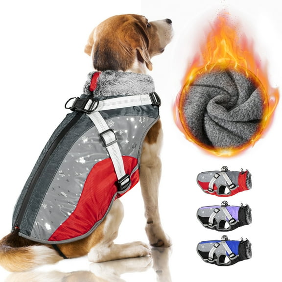 TSYKHAIA Winter Dog Coat - Warm Waterproof Jacket with Fleece Lining, Detachable Harness, Reflective Design