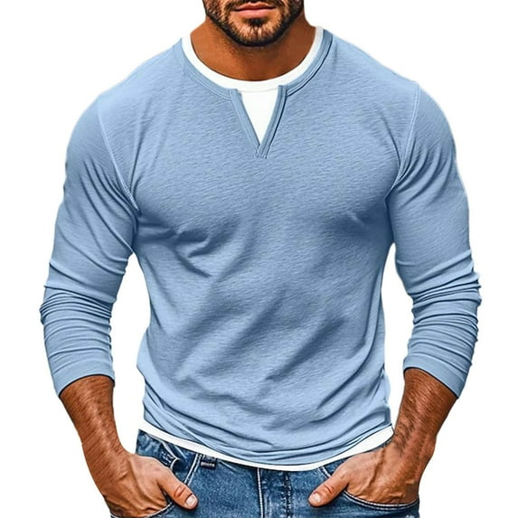 TShirts for Men Solid Color V-Neck Long Sleeve Fake Two-piece Double-layer Base Blouses,Mens Outdoor Workout Gym Sport Fitness Pullover Tops Fall Winter Comfort Casual Loose Active Tees