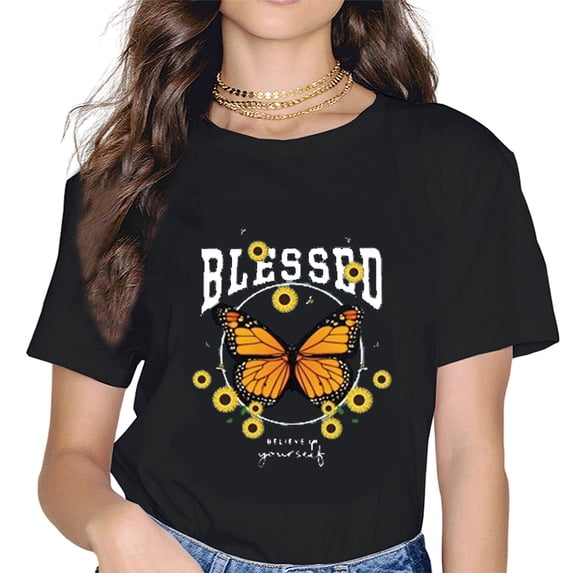 TShirts fo Women Butterfly Blessed Shirt Sunflower Cute Graphic Tee Nature Floral Tshirt Casual Tops
