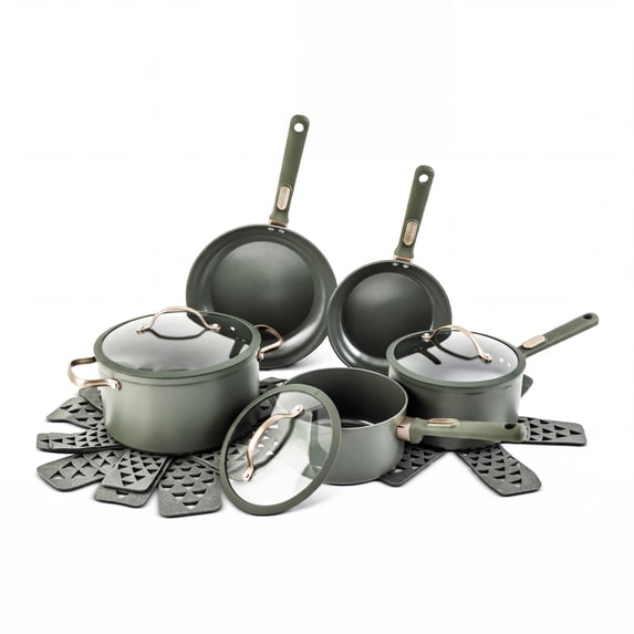 Thyme & Table 12-Piece Ceramic Non-Stick Cookware Set Granite Collection - Dusty Moss with Champagne