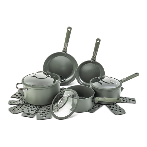 Thyme & Table 12-Piece Ceramic Non-Stick Granite Collection Cookware Set - Moss