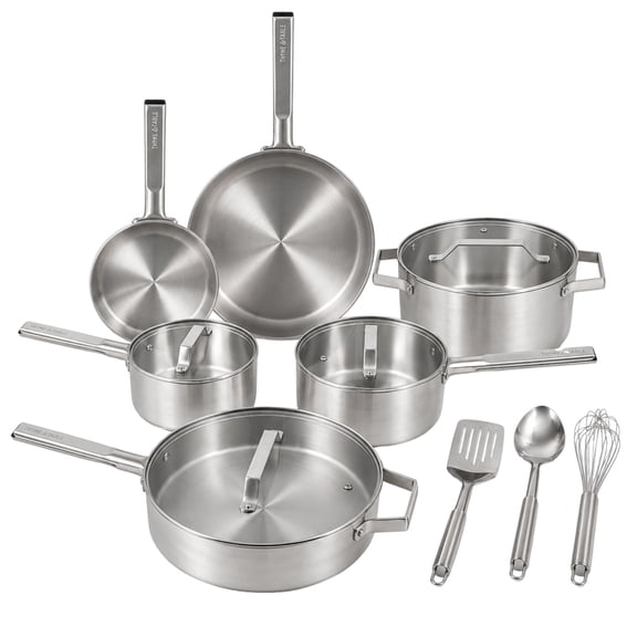 Thyme & Table 13-Piece Stainless Steel Cookware Set with Glass Lids and Stainless Steel Utensils