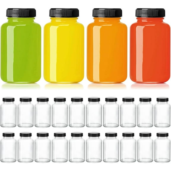TT - 24 Pack 4oz Juice Shot Bottles with Caps- Small Glass Jars for Ginger,Wellness Shots,Whiskey - Travel mini Reusable Wide Mouth Clear bottles- Leakproof, Dishwasher Safe.