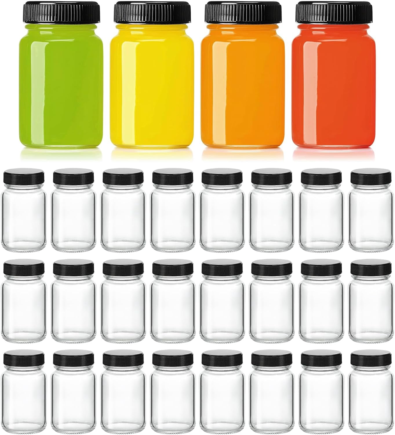 TT - 28 Pack 2oz Glass Shot Bottles with lids - Small Clear Jars for Ginger, Wellness Shots, Juice, Whiskey - Travel mini Reusable Wide Mouth bottles- Leakproof, Dishwasher Safe