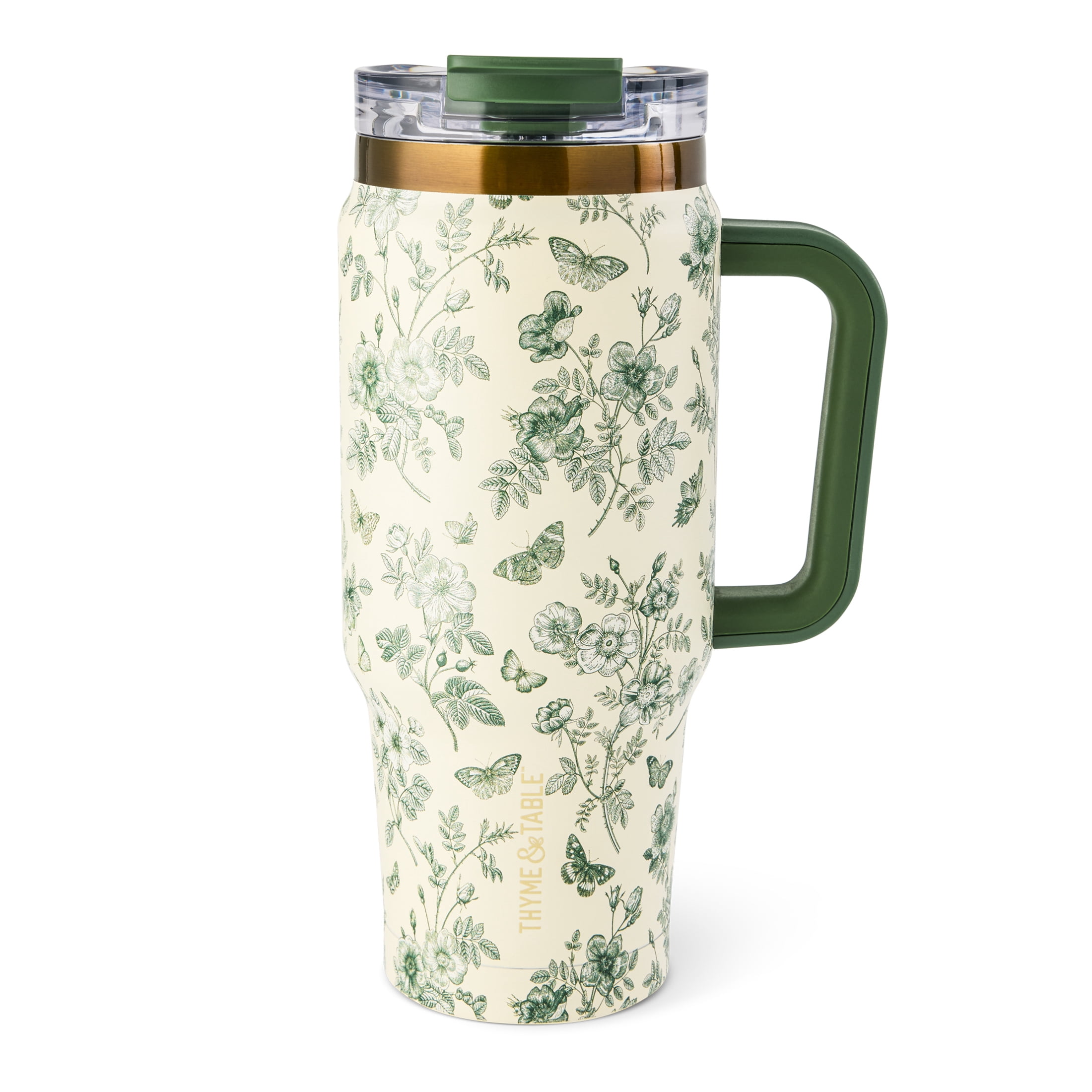 Thyme & Table 32oz Stainless Steel Luna Tumbler with Handle and Dual Straw Lid, Green Floral