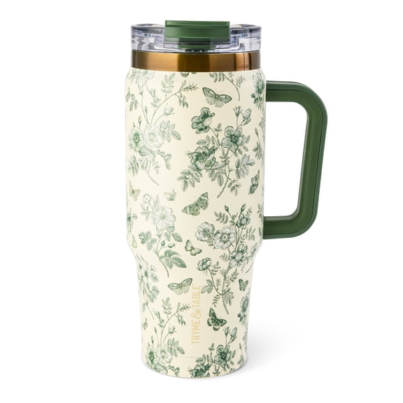 Thyme & Table 32oz Stainless Steel Luna Tumbler with Handle and Dual Straw Lid, Green Floral