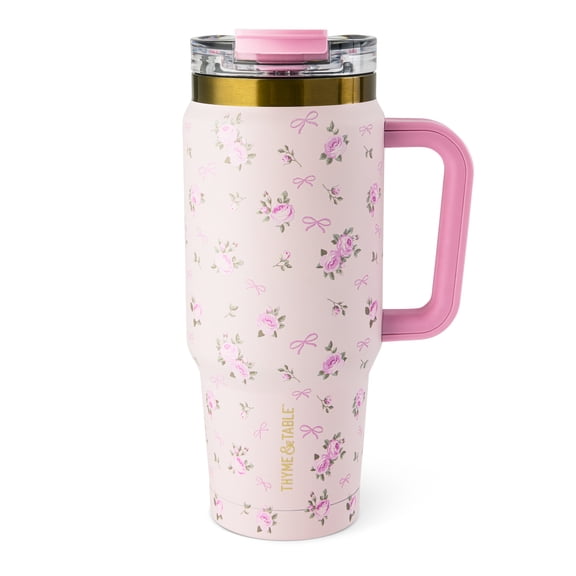 Thyme & Table 32oz Stainless Steel Luna Tumbler with Handle and Dual Straw Lid, Roses