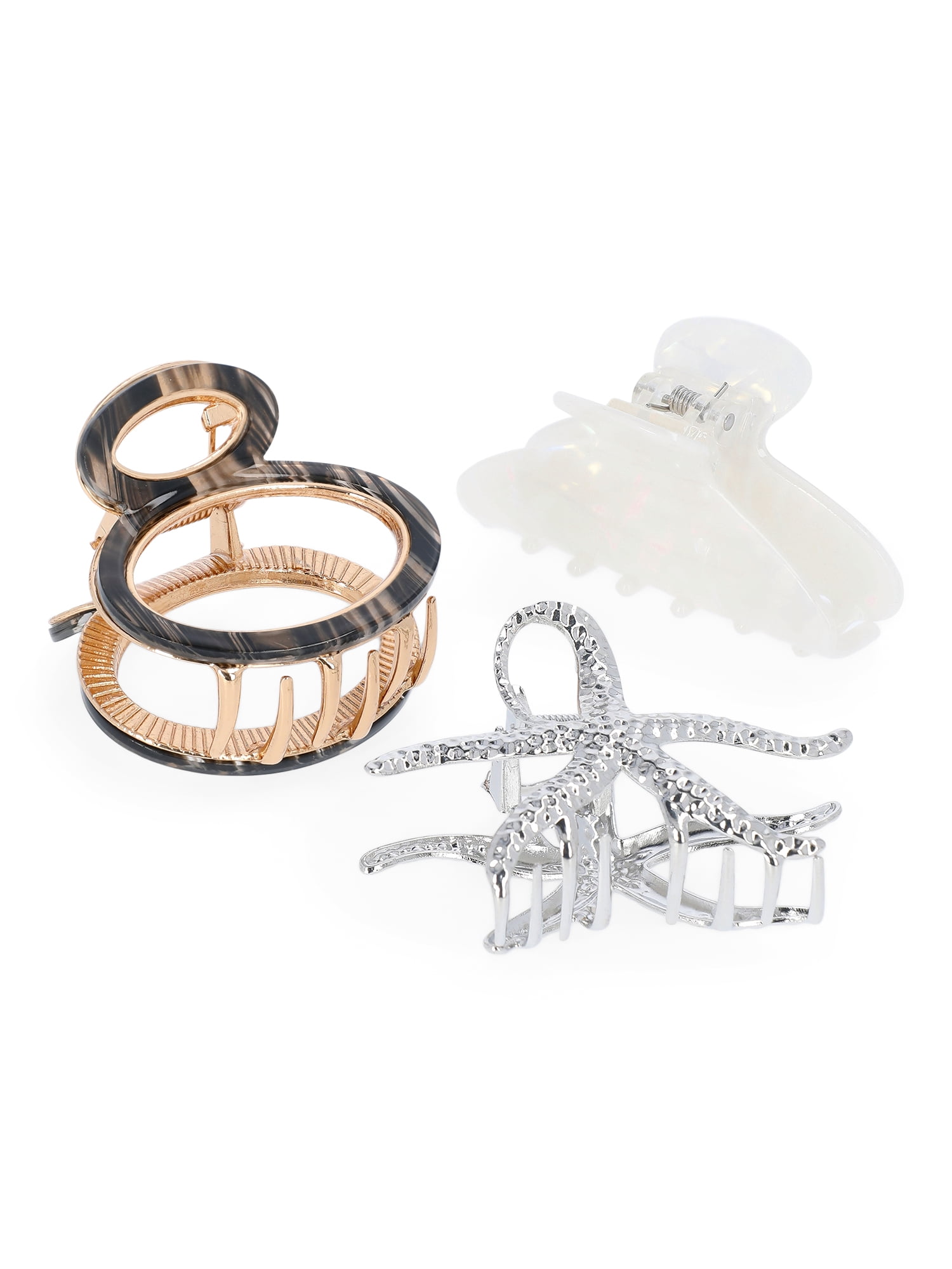 Time and Tru Women's Metal and Acrylic Claw Clip Set, 3-Piece