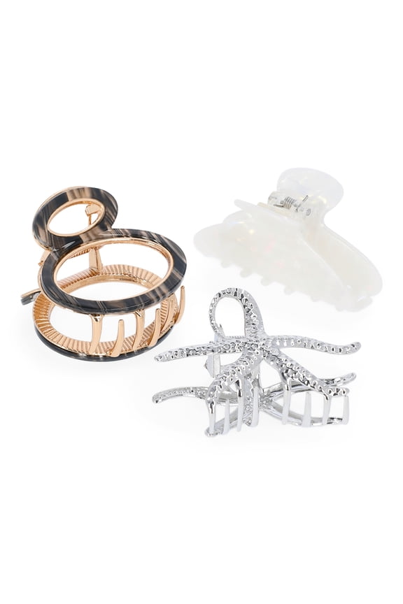 Women's Metal and Acrylic Claw Clip Set, 3-Piece