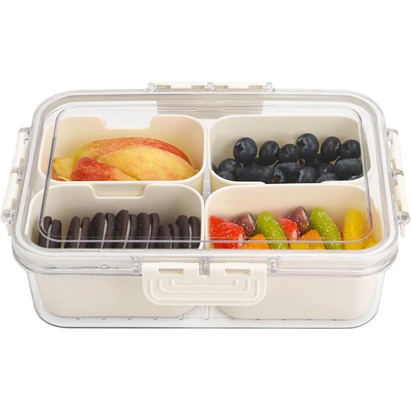 TT-4 Compartment Snack Box Container Tray, Divided Serving Tray with Lid, Mini Small Snackle Box, Portable Charcuterie Container for Party, Picnic, Travel, Food Platter for Snack, Fruits, Veggies