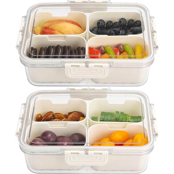 TT-4 Compartment Snack Box Container Tray,Divided Serving Tray with Lid,Mini Small Snackle Box,Portable Charcuterie Container for Party,Picnic,Travel,Food Platter for Snack,Fruits,Veggies,2 Pack