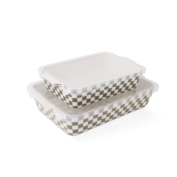 Thyme & Table Moss Green 4-Piece Checkered Ceramic Casserole Dish Bakeware Set with Lids