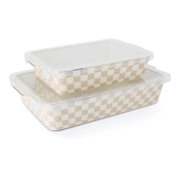 Thyme & Table 4-Piece Checkered Ceramic Casserole Dish Set with Lids, Tan